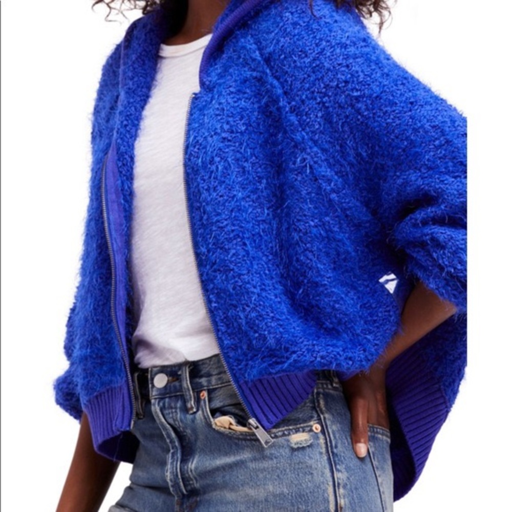 Free People Furry Time Hooded Jacket Size Large Blue